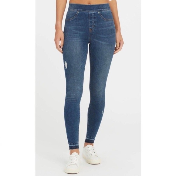 Spanx blue medium wash denim high waisted distressed skinny jeans - Picture 1 of 4